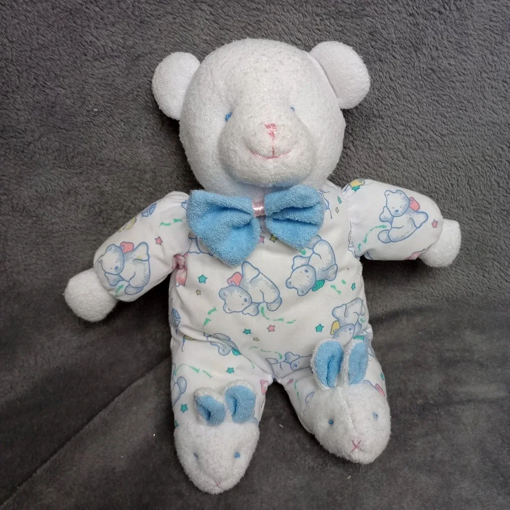JC PENNEY Terrycloth Bear Blue Bowtie‎ Bunny Slippers Blue Eyes Pink Nose Rattle